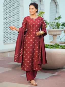 ARAMYA - Women Maroon Floral Printed Kurta with Pant and Dupatta