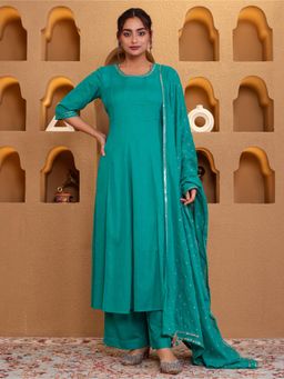 ARAMYA - Women Teal Solid Sequined Work Kurta with Palazzo and Dupatta