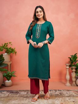 ARAMYA - Women Teal Floral Embroidered Kurta with Pant