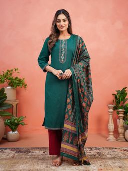 ARAMYA - Women Teal Floral Embroidered Kurta with Pant and Dupatta