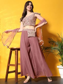 Chhabra 555 - Women Mauve Embroidered Tassel Work Crop Top with Palazzo and Dupatta