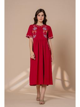 Zolo Label - Women Red Floral Embroidered Dress