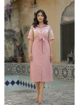 Zolo Label - Women Peach Embroidered Thread Work Dress with Belt