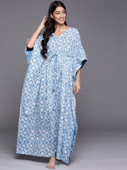 Libas - White Cotton All-Over Printed Kaftan Night Dress