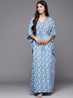 Libas - Blue Cotton All-Over Floral Printed Kaftan Night Dress