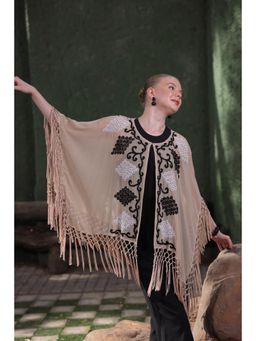 Edition II - Beige Cape with Embellishment and Fringe Detailing