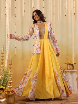 B'Infinite - Yellow Garden Tulip Embellished Bralette with Skirt and Jacket