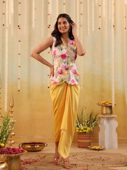 B'Infinite - Yellow Garden Tulip Embellished Vest Coat with Skirt