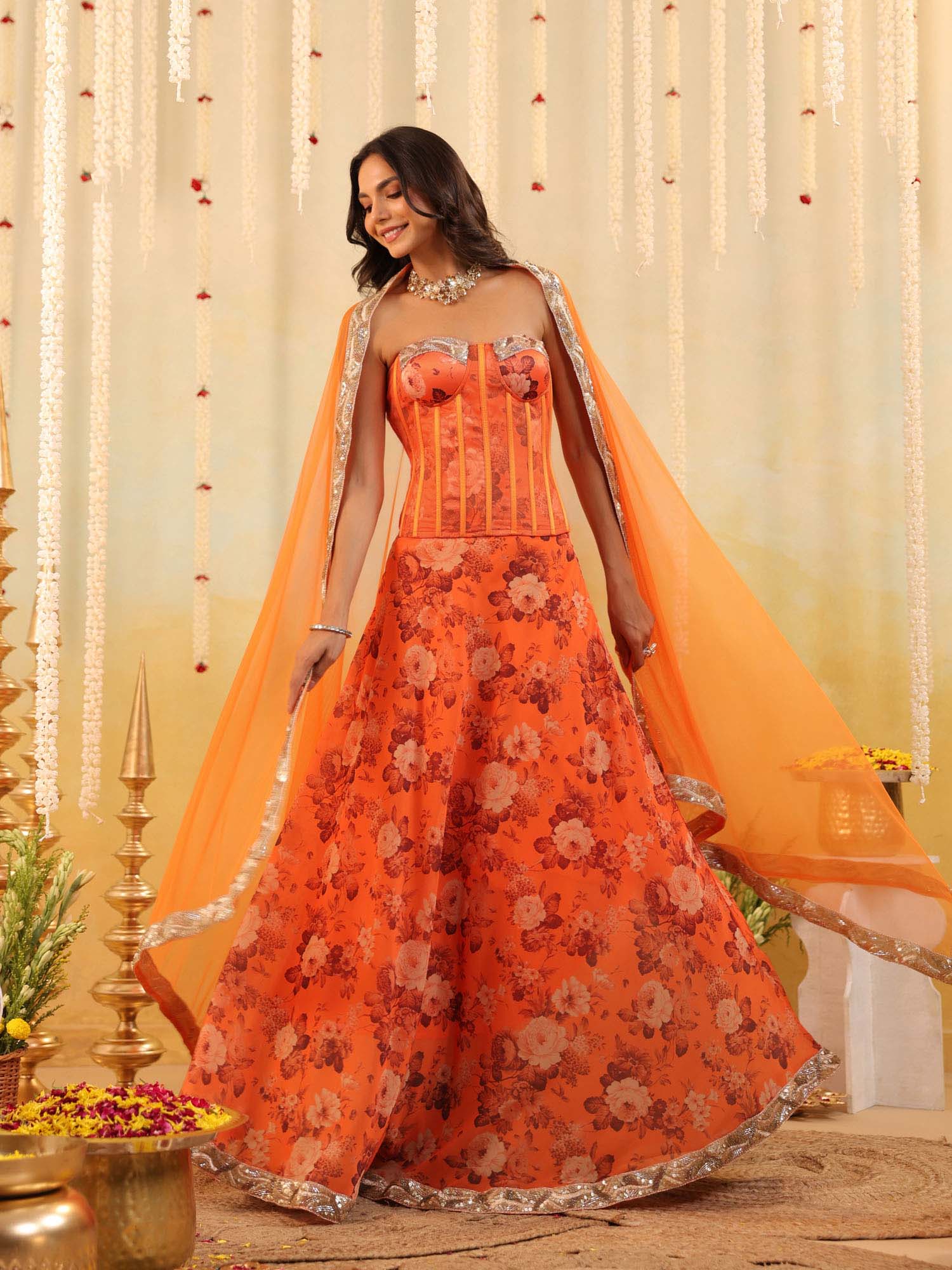 Orange Floral Embellished Corset Top with Skirt and Dupatta-image-4