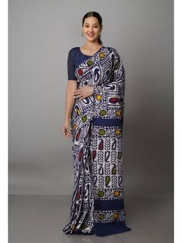 Unnati Silks - Navy Blue White Pure Batik Kota Cotton Saree with Unstitched Blouse