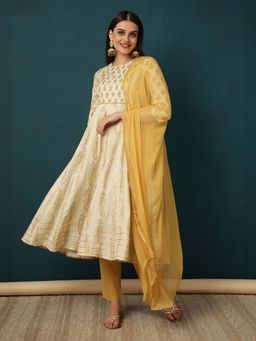 Jaipur Kurti - Printed A-Line Cotton Blend Anarkali Kurta with Pant & Dupatta (Set of 3)