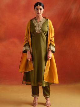 Jaipur Kurti - Zari Work Embroidered Festive Kurta & Pant with Dupatta (Set of 3)