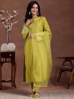 Libas - Lime Green Solid Panelled Kurta with Floral Embroidery with Pant and Dupatta (Set of 3)