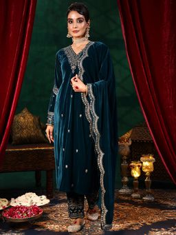 Libas - Teal Zari Embroidered Straight Kurta With Pant And Dupatta (Set of 3)