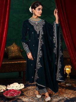 Libas - Teal Blue Zari Embroidered A-Line Kurta With Pant And Dupatta (Set of 3)