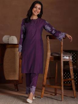 Libas - Wine Floral Embroidered Long Kurta with Flared Sleeves and Hem Pant (Set of 2)