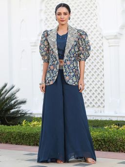 Jaipur Kurti - Floral Printed Straight Art Silk Crop Top & Jacket with Palazzo (Set of 3)