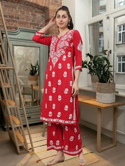 Seva Chikan - Hand Embroidered Red Rayon Lucknowi Chikankari Kurta & Pant (Set of 2)