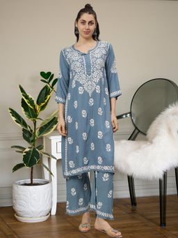 Seva Chikan - Hand Embroidered Grey Rayon Lucknowi Chikankari Kurta & Pant (Set of 2)