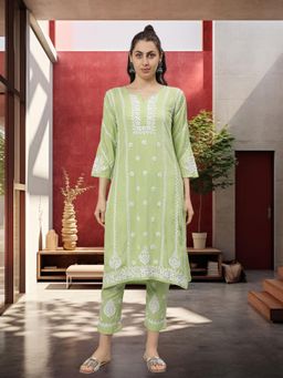 Seva Chikan - Hand Embroidered Green Rayon Lucknowi Chikankari Kurta & Pant (Set of 2)