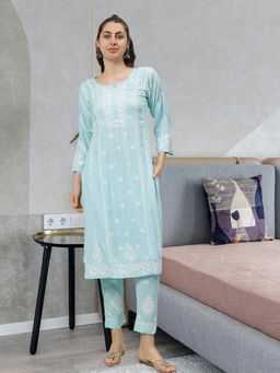 Seva Chikan - Hand Embroidered Sea Blue Rayon Lucknowi Chikankari Kurta & Pant (Set of 2)