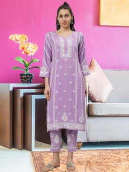Seva Chikan - Hand Embroidered Lavender Rayon Lucknowi Chikankari Kurta & Pant (Set of 2)