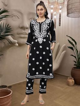 Seva Chikan - Hand Embroidered Black Rayon Lucknowi Chikankari Kurta & Pant (Set of 2)