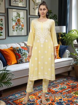 Seva Chikan - Hand Embroidered Yellow Rayon Lucknowi Chikankari Kurta & Pant (Set of 2)