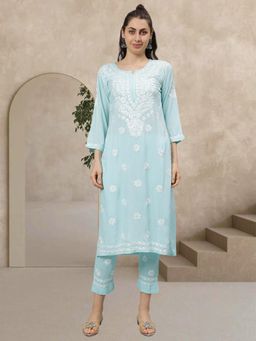 Seva Chikan - Hand Embroidered Sea Green Rayon Lucknowi Chikankari Kurta & Pant (Set of 2)