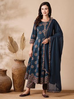 FASHOR - Geometric Printed And Embroidered Anarkali Kurta With Pant & Dupatta - Blue (Set of 3)