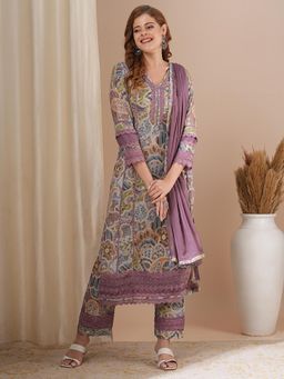 FASHOR - Printed And Embroidered Straight Kurta With Pant And Dupatta - Multi-Color (Set of 3)