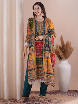 FASHOR - Printed And Embroidered Straight Fit Kurta With Pant And Dupatta - Sea Green (Set of 3)