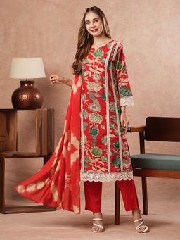 FASHOR - Floral Printed Kurta With Pant And Dupatta - Red (Set of 3)
