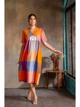 EARTHWEAR - Multicolor Checks Handloom Cotton A-Line Dress