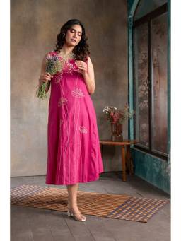 EARTHWEAR - Pink Floral Handloom Cotton Hand Embroidered Dress