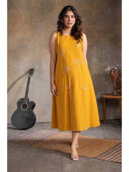 EARTHWEAR - Yellow Floral Handloom Cotton Hand Embroidered Dress