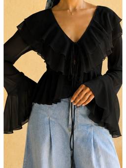 Lea Clothing - Briar Black Georgette Ruffled Boho Crop Top