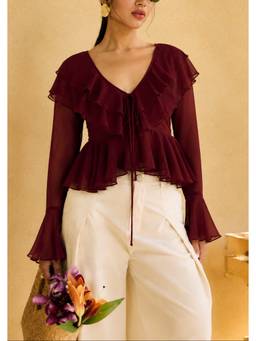 Lea Clothing - Briar Burgundy Georgette Ruffled Boho Crop Top