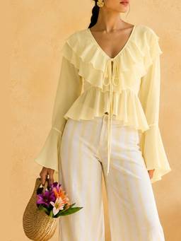 Lea Clothing - Briar Lemon Yellow Ruffled Boho Crop Top
