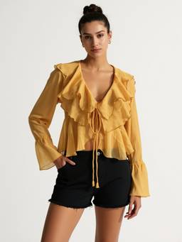 Lea Clothing - Briar Yellow Georgette Ruffled Boho Crop Top