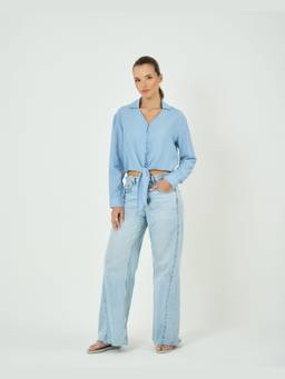 SAINTLY - Sky Blue Front Tie Crop Top