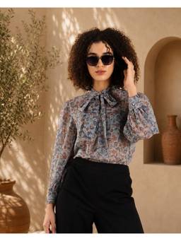 SAINTLY - Grey Floral Sheer Tie-Neck Top