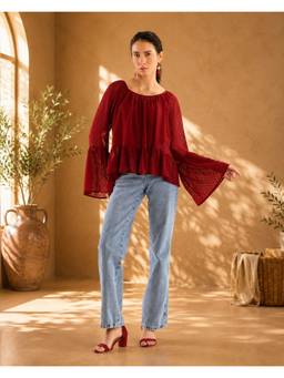 SAINTLY - Red Flounce Sleeve Peplum Top