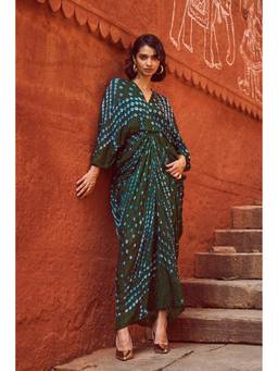 dash and dot - Green Bandhani Draped Kaftan