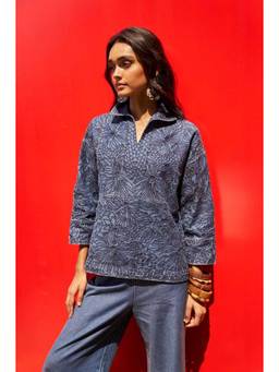dash and dot - Indigo Embroidered Denim Popover Top