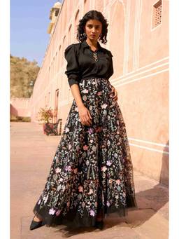 dash and dot - Black 3D Floral Maxi Skirt