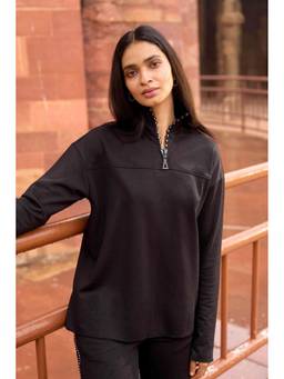 dash and dot - Black Crystal Zip Neck Top