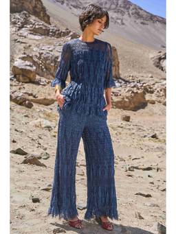 dash and dot - Navy Blue Allover Ruched Lace Top