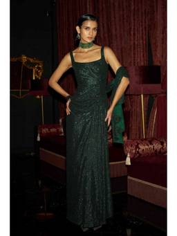 dash and dot - Green Emerald Sequin Sari Drape Gown