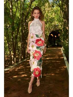 dash and dot - White 3D Floral Midi Skirt